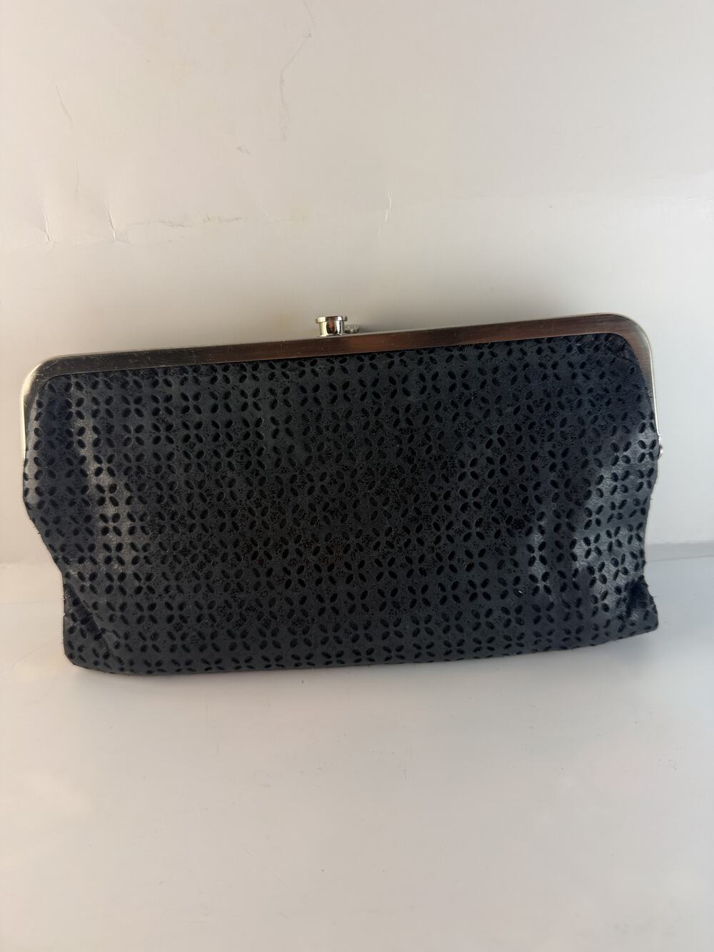 HOBO International "Lauren" Double Frame Clutch Wallet – Black Perforated Leathe